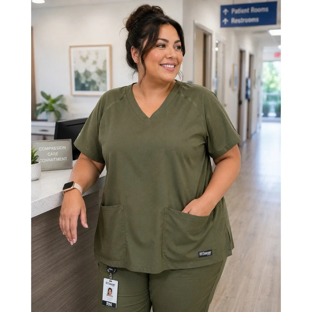 Grey's Anatomy Barco Impact Scrub Top 3XL Olive Green V Neck Stretch Pockets
